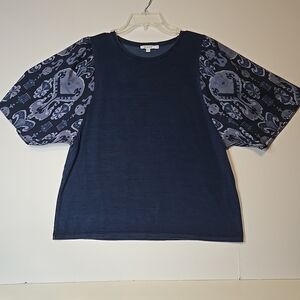 Chico's Women's Pullover Top Indigo Blue Ikat Puff Sleeve Size Large (2)